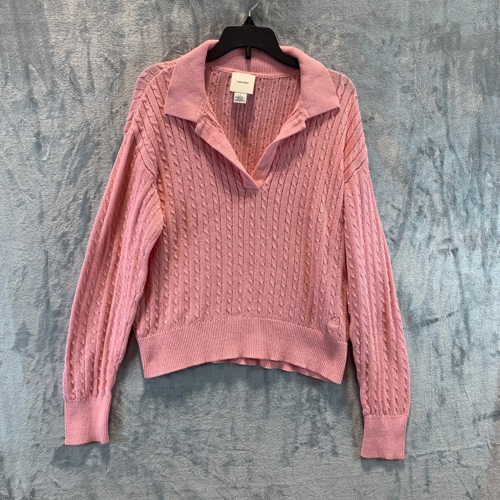 Calvin Klein Pink Cable Knit Polo Sweater Womens Medium 100% Cotton V-Neck